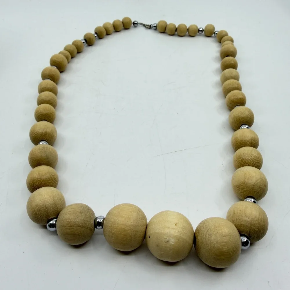 Natural Wood Bead Necklace Silver Tone Spacers Chunky Boho Statement Jewelry